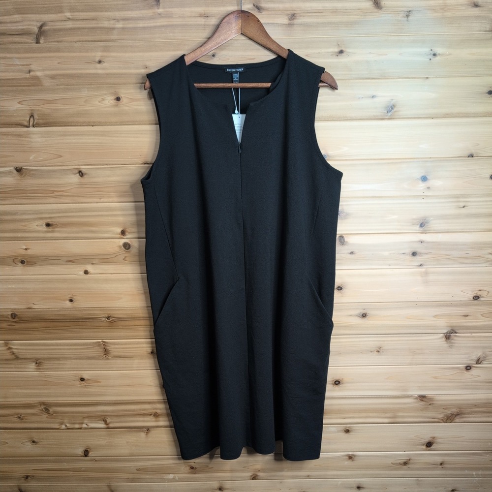 Eileen Fisher Black Cotton Ponte Zip Up Sleeveless Dress XL S3OKB-D5069M